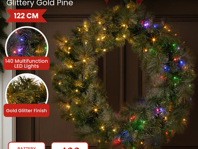 Christabelle 1.22m Split 2pc Christmas Wreath with LED Lights Pine Dual Front Doors Decoration Ornament