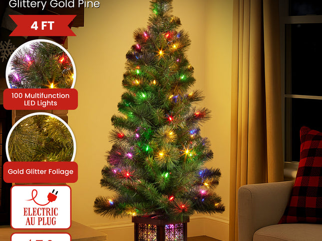 Christabelle 4ft Christmas Tree Glittery Gold Pine Led Multi Lights Xmas Decor
