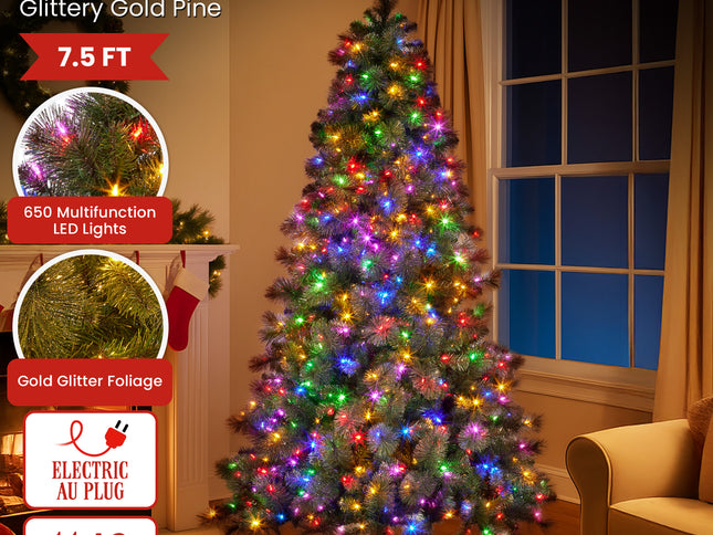Christabelle 7.5ft Christmas Tree Glittery Gold Pine Led Multi-functional Lights