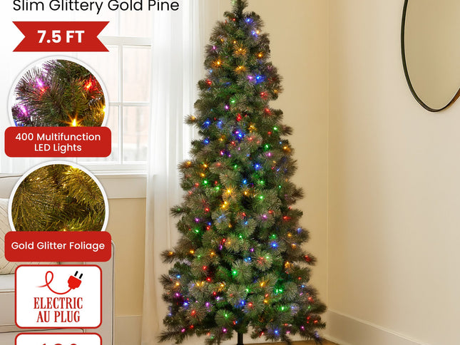 Christabelle 7.5ft Christmas Tree Slim Glittery Gold Pine Led Lights Xmas Decor