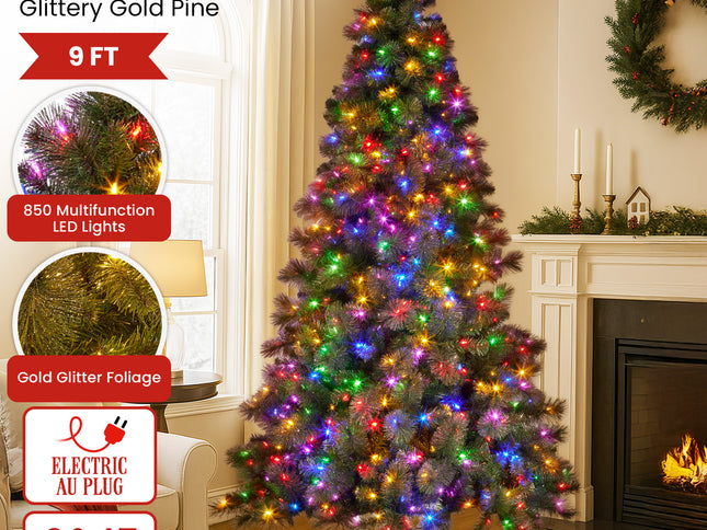 Christabelle 9ft Christmas Tree Glittery Gold Pine Needles 850 Led Lights Xmas