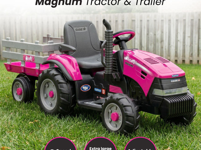 Klika Peg Perego Pink Case IH 12V Kids Ride On Tractor with Trailer 2 Speed Toy
