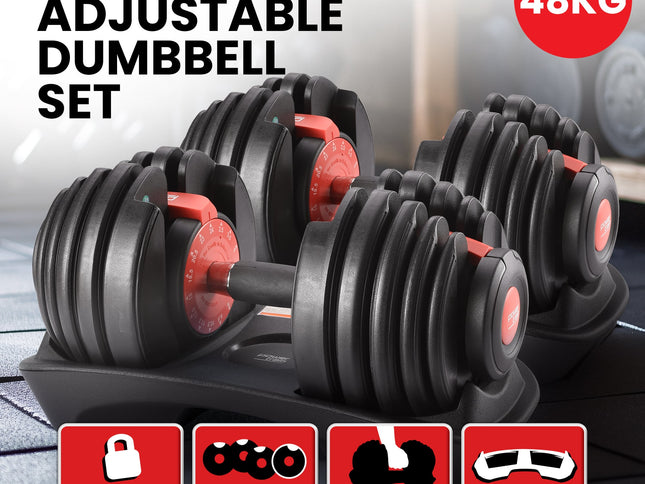 Powertrain 48kg Adjustable Dumbbells 15-in-1 Home Gym Weights – Red