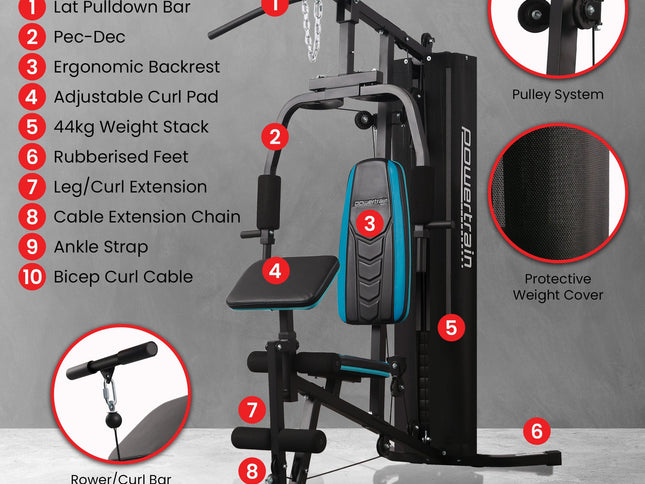 Powertrain JX-300 Multi Station Home Gym 44kg Weight Stack Cable Machine, Curl Pad Leg Extension and Pull-down Bar