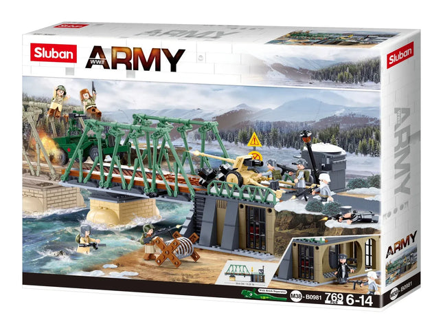 Sluban B0981 Model Kit WWII Battle of Budapest Winter Counter Attack Military Bridge Checkpoint Diorama Army DIY Set Toy