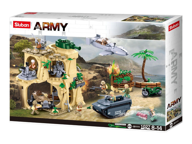 Sluban B1111 Model Kit WWII Battle of Iwo Jima Island Bunker Landing Craft Army Military Base Diorama
