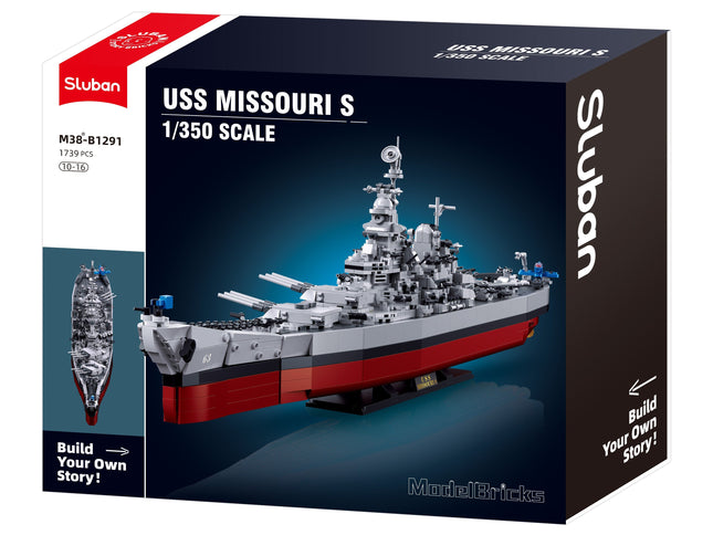 Sluban B1291 Model Kit 1:350 USS Missouri BB63 Mighty Mo Battleship Warship WWII Navy Vessel Boat