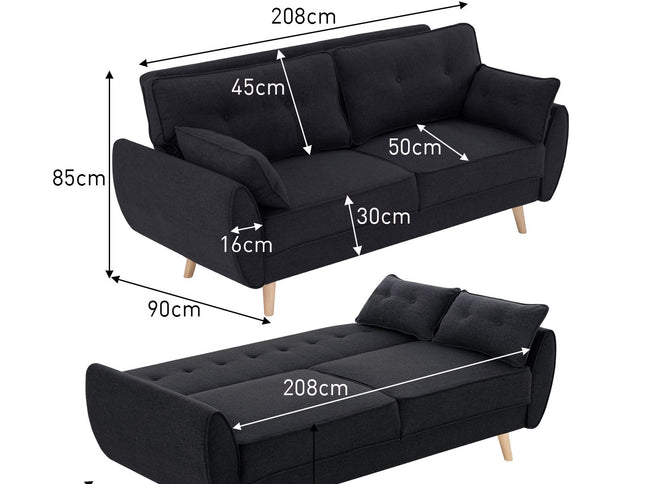 Sarantino 3 Seater Modular Linen Fabric Sofa Bed Couch Futon Suite - Black