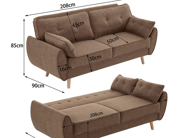 Sarantino 3 Seater Modular Linen Fabric Sofa Bed Couch Futon Suite - Brown