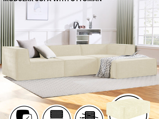 Sarantino Novi 3-Seater Modular Sofa with Ottoman in Cream Non-Slip Bottom Lounge