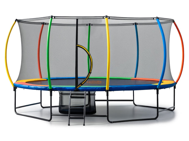 Kahuna 10 ft x 15 ft Oval Outdoor Trampoline with Reversible Rainbow & Orange Safety Pad Safety Net and Ladder