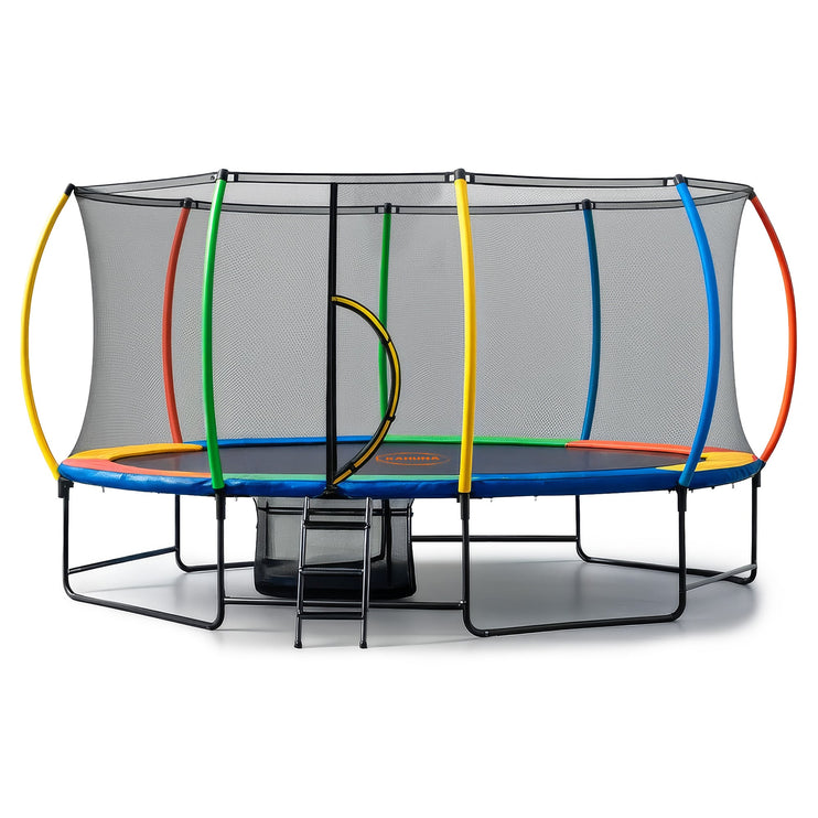 Kahuna 10 ft x 15 ft Oval Outdoor Trampoline with Reversible Rainbow & Orange Safety Pad Safety Net and Ladder