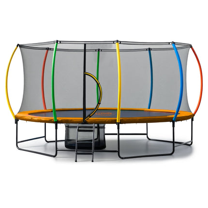 Kahuna 10 ft x 15 ft Oval Outdoor Trampoline with Reversible Rainbow & Orange Safety Pad Safety Net and Ladder