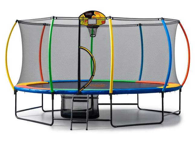 Kahuna 10 ft x 15 ft Oval Outdoor Trampoline L.E.D. Basketball Set Reversible Rainbow & Orange Safety Pad Safety Net Ladder