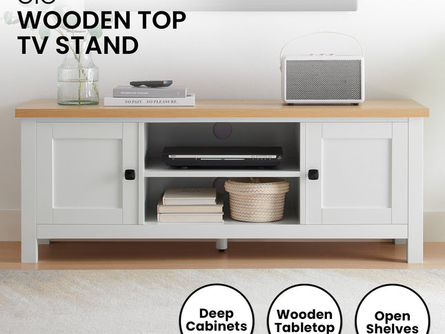Sarantino Gio TV Entertainment Stand Cabinet Cupboard in White and Natural Wood Finish