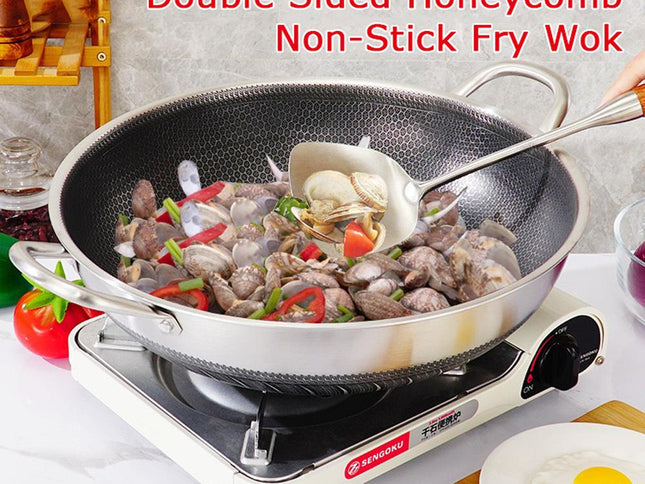 36cm 316 Stainless Steel Non-Stick Stir Fry Cooking Kitchen Wok Pan with Lid Honeycomb Double Sided