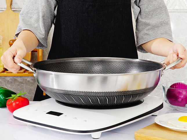 316 Stainless Steel 38cm Double Ear Non-Stick Stir Fry Cooking Kitchen Wok Pan without Lid Honeycomb Double Sided No Lid