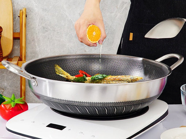316 Stainless Steel 38cm Double Ear Non-Stick Stir Fry Cooking Kitchen Wok Pan without Lid Honeycomb Double Sided No Lid