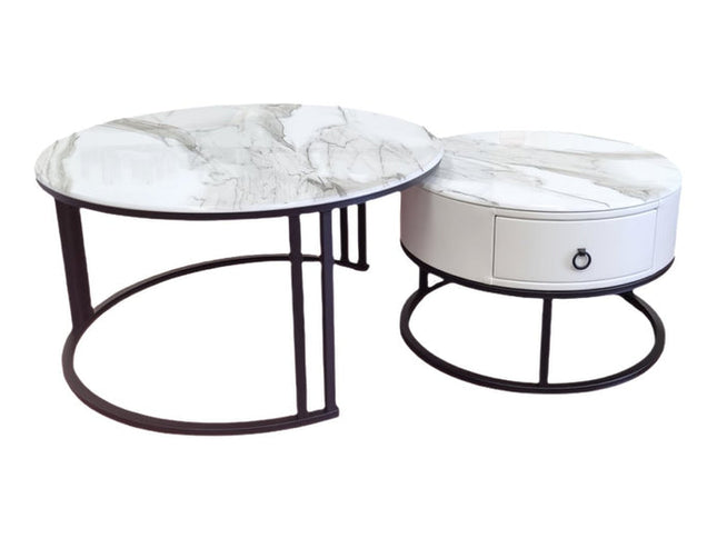 Snowy Mountain Faux Modern Marble Slate Nesting Coffee Table Set Leather Wrapped Wood Drawers