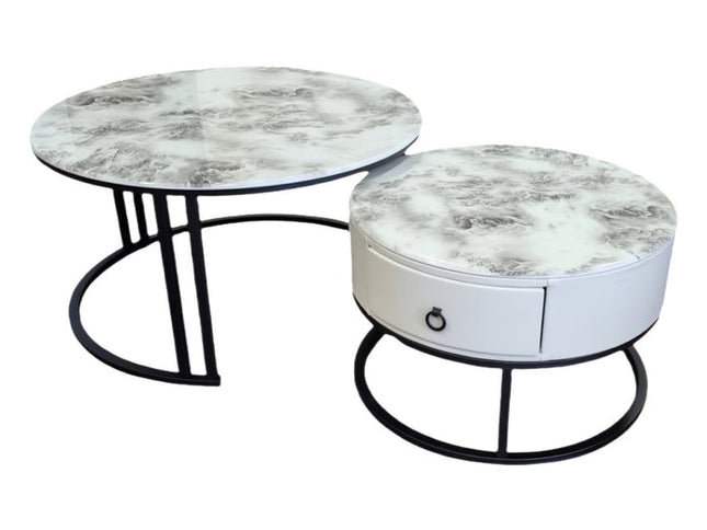 Snowy Mountain Faux Modern Marble Slate Nesting Coffee Table Set Leather Wrapped Wood Drawers