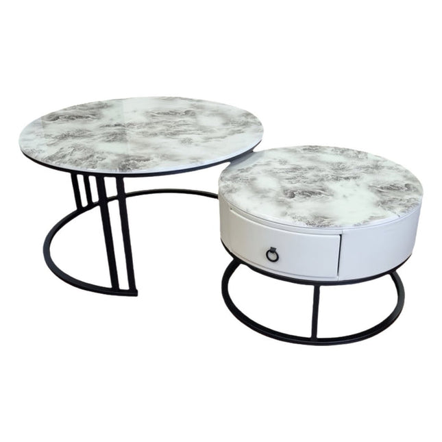 Snowy Mountain Faux Modern Marble Slate Nesting Coffee Table Set Leather Wrapped Wood Drawers
