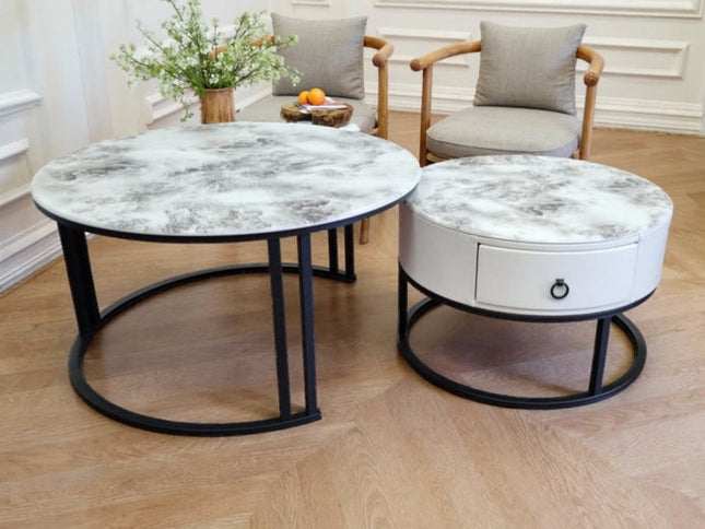 Snowy Mountain Faux Modern Marble Slate Nesting Coffee Table Set Leather Wrapped Wood Drawers