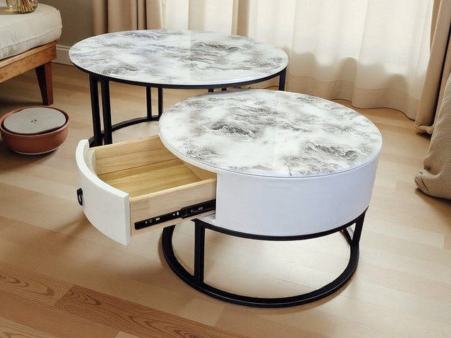 Snowy Mountain Faux Modern Marble Slate Nesting Coffee Table Set Leather Wrapped Wood Drawers