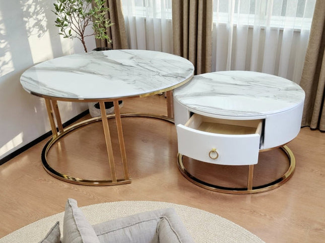 Snowy Mountain Faux Modern Marble Slate Nesting Coffee Table Set Leather Wrapped Wood Drawers