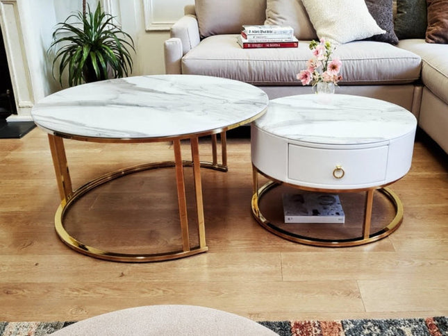 Snowy Mountain Faux Modern Marble Slate Nesting Coffee Table Set Leather Wrapped Wood Drawers