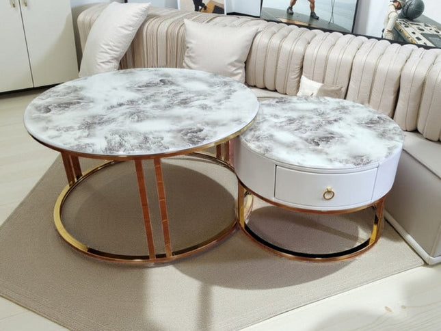 Snowy Mountain Faux Modern Marble Slate Nesting Coffee Table Set Leather Wrapped Wood Drawers
