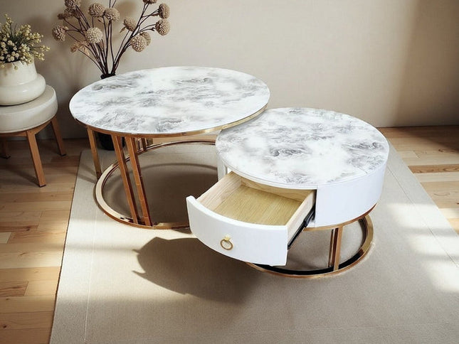 Snowy Mountain Faux Modern Marble Slate Nesting Coffee Table Set Leather Wrapped Wood Drawers