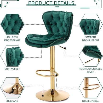 SERENITà Swivel Bar Stools Set of 2 Counter Height Barstools with Back Velvet Upholstered Adjustable Stool Chair Min Century Modern Bar Stool for Kitchen Island (Emerald Green)