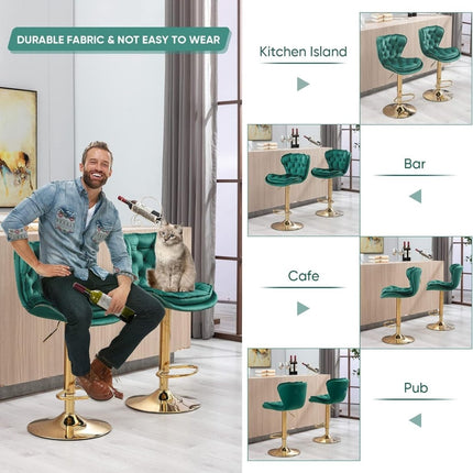 SERENITà Swivel Bar Stools Set of 2 Counter Height Barstools with Back Velvet Upholstered Adjustable Stool Chair Min Century Modern Bar Stool for Kitchen Island (Emerald Green)