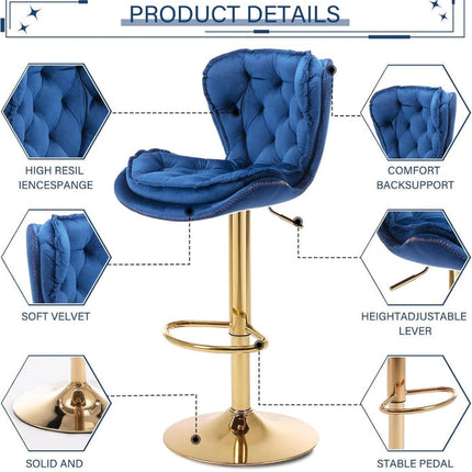 SERENITà Swivel Bar Stools Set of 2 Counter Height Barstools with Back Velvet Upholstered Adjustable Stool Chair Mid Century Modern Bar Stool for Kitchen Island (Navy Blue)