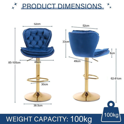 SERENITà Swivel Bar Stools Set of 2 Counter Height Barstools with Back Velvet Upholstered Adjustable Stool Chair Mid Century Modern Bar Stool for Kitchen Island (Navy Blue)