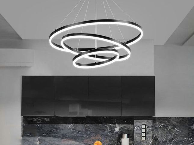 Black 3 Rings Minimalist LED Pendant Light Adjustable Circular Chandelier