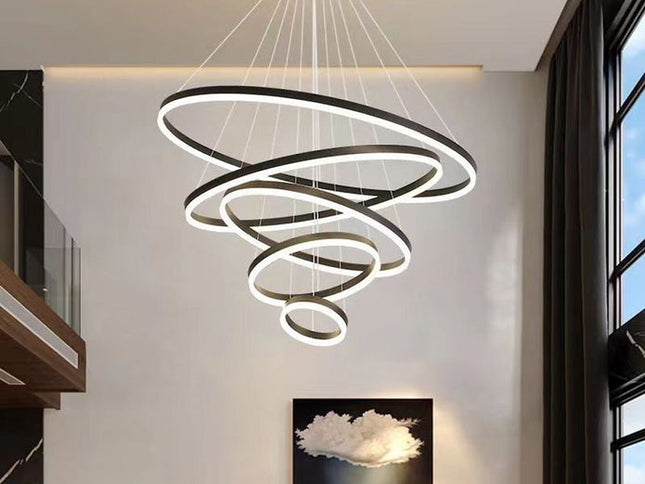 Black 5 Rings Minimalist LED Pendant Light Adjustable Circular Chandelier