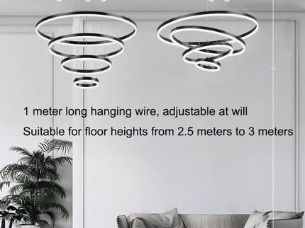 Black 5 Rings Minimalist LED Pendant Light Adjustable Circular Chandelier