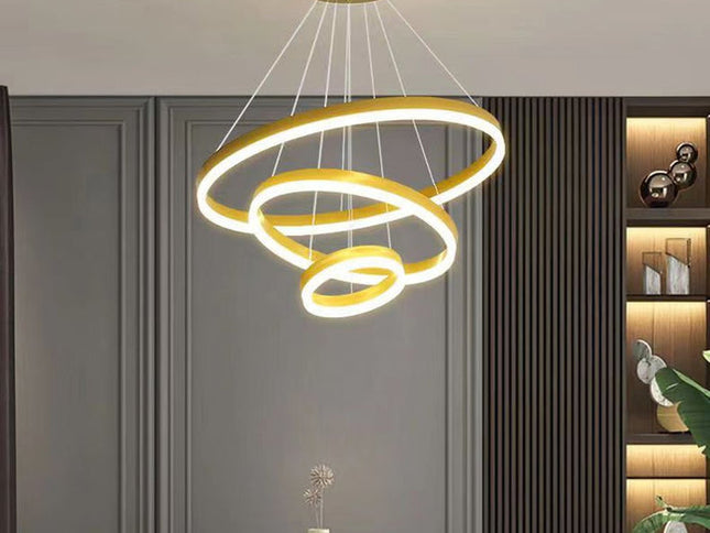 Gold 3 Rings Minimalist LED Pendant Light Adjustable Circular Chandelier