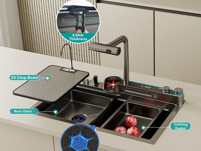 2024 Integrated Waterfall Kitchen Sink Honeycomb Technology Large Digitial Display Stainless Steel Water Filter Cup Washer