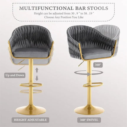 SERENITà GP1863 Modern Velvet Breakfast Bar Stools Swivel Barstools Adjustable Counter Stools with Backrest (Gold-Grey)