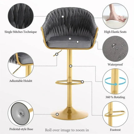 SERENITà GP1863 Modern Velvet Breakfast Bar Stools Swivel Barstools Adjustable Counter Stools with Backrest (Gold-Grey)