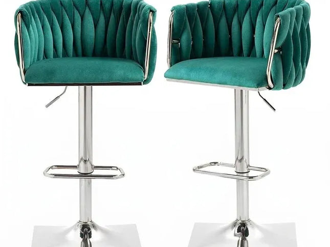 SERENIT√† Velvet Adjustable Swivel Bar Stools, Set of 2 with Backrest ‚Äì Silver-Emarald Green