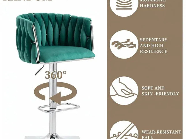 SERENIT√† Velvet Adjustable Swivel Bar Stools, Set of 2 with Backrest ‚Äì Silver-Emarald Green