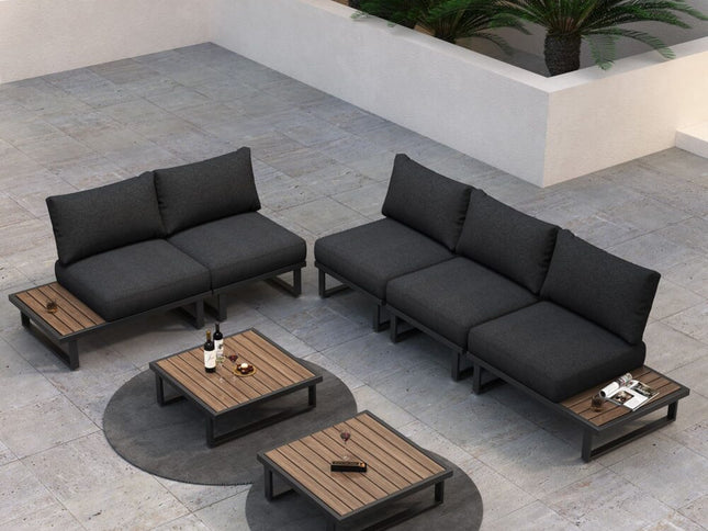 Modern Outdoor 7 Piece Lounge Set with Slatted Polywood Design Tables