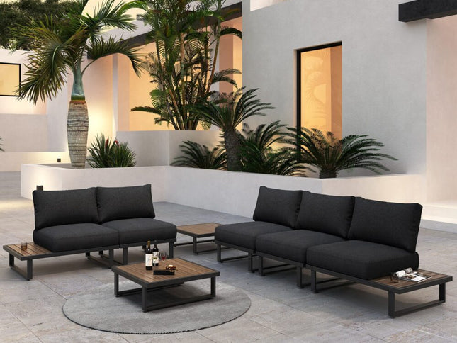 Modern Outdoor 7 Piece Lounge Set with Slatted Polywood Design Tables