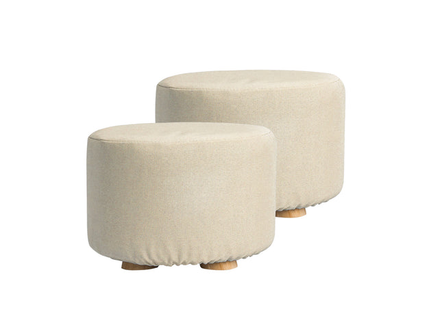 2X Fabric Ottoman Round Wooden Leg Foot Stool - BEIGE