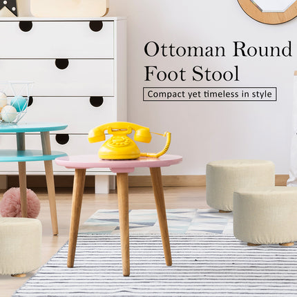 2X Fabric Ottoman Round Wooden Leg Foot Stool - BEIGE