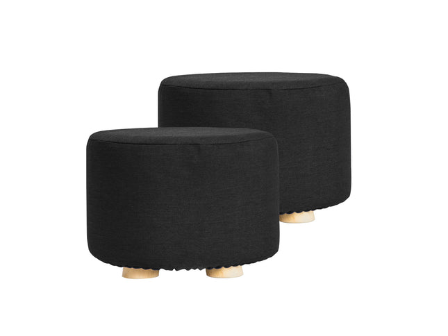 2X Fabric Ottoman Round Wooden Leg Foot Stool - BLACK