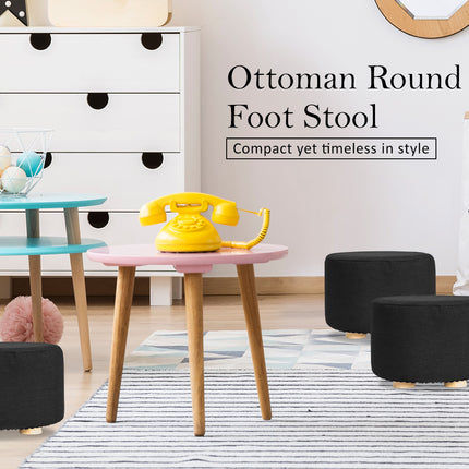 2X Fabric Ottoman Round Wooden Leg Foot Stool - BLACK